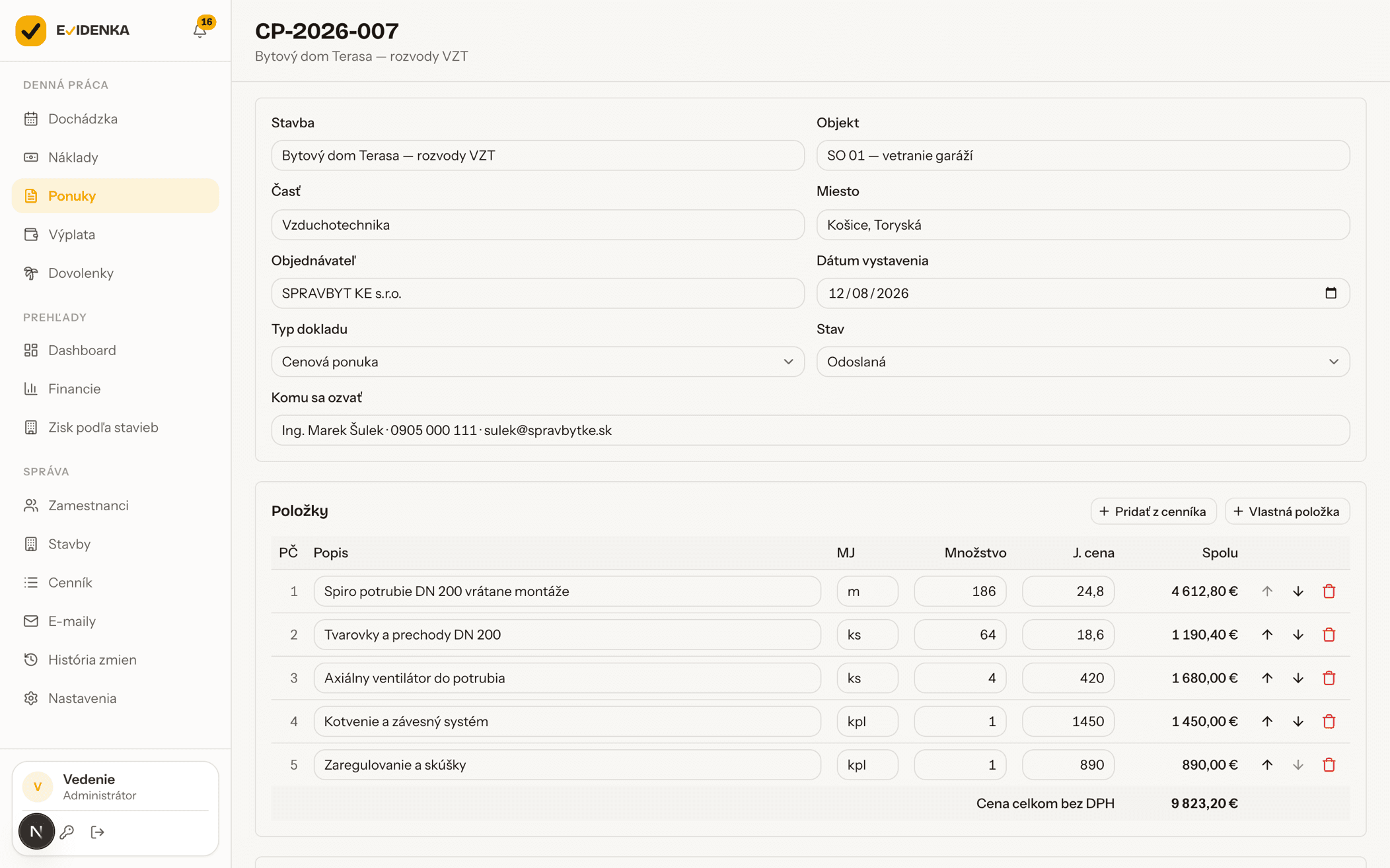 Cenová nabídka připravená k exportu do PDF